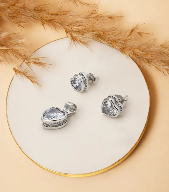Crystal Heart Silver Pendant Set with Stud Earrings