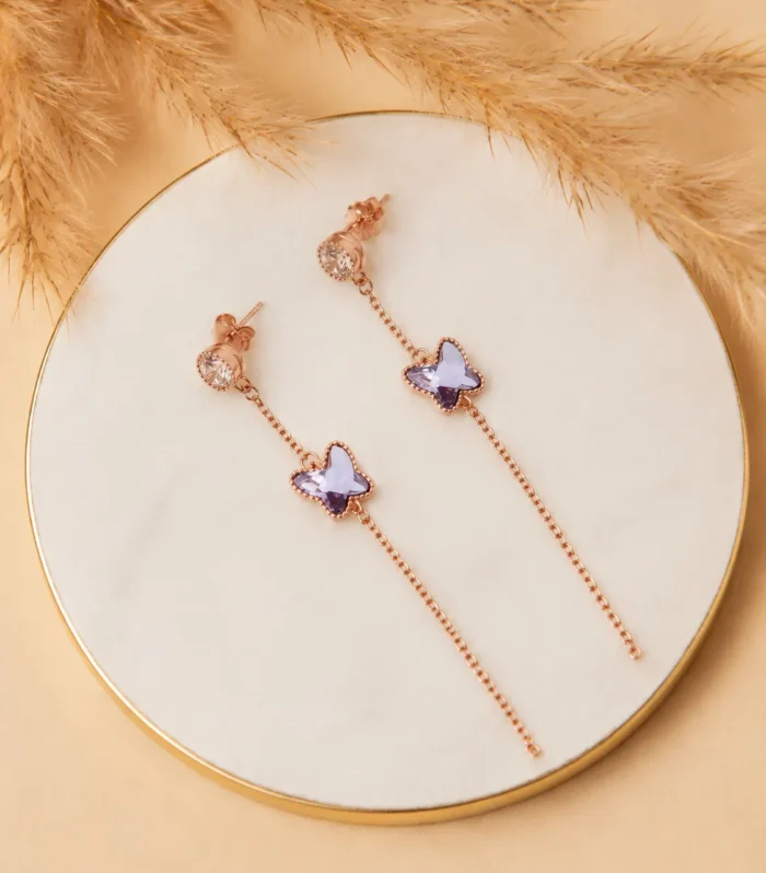 Purple Butterfly Rose Gold Chain Drop Earrings
